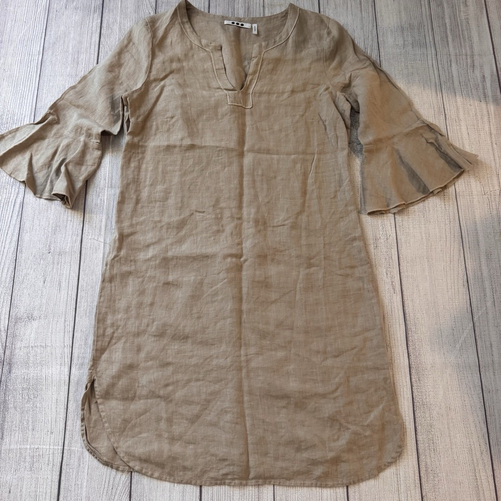 Three Dots Women's Small 100% Linen Tunic Dress Tan Beige Bell Sleeve Made USA